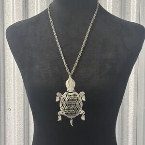 Vintage Turtle Necklace Silver Tone Large Pendant Chain Articulated Filigree